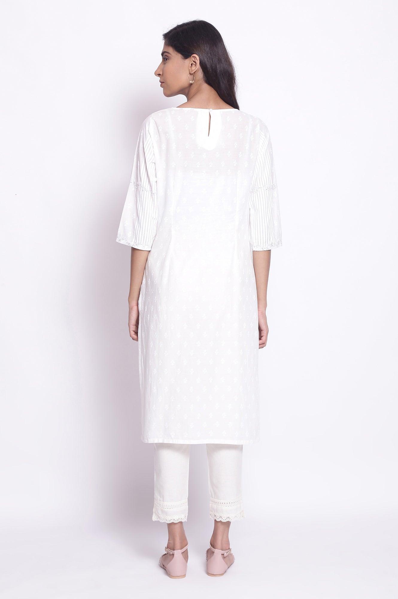 Ecru Stripe &amp; Floral Print kurta - wforwoman