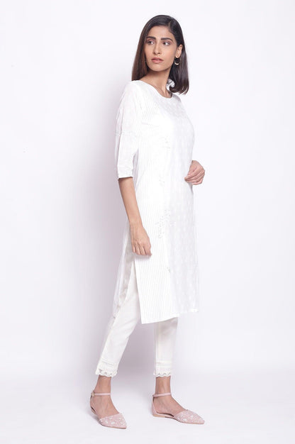 Ecru Stripe &amp; Floral Print kurta - wforwoman