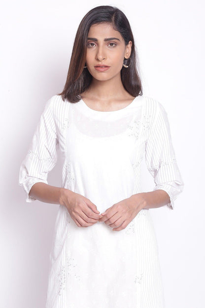 Ecru Stripe &amp; Floral Print kurta - wforwoman