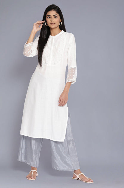 Ecru Stripe Embroidered Yoke kurta - wforwoman