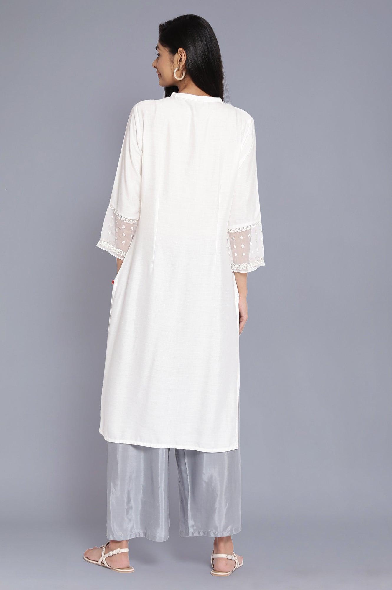 Ecru Stripe Embroidered Yoke kurta - wforwoman