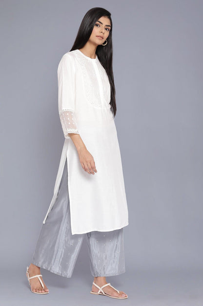 Ecru Stripe Embroidered Yoke kurta - wforwoman