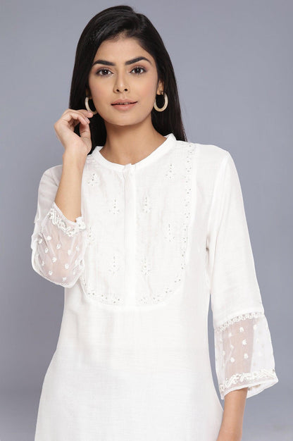 Ecru Stripe Embroidered Yoke kurta - wforwoman