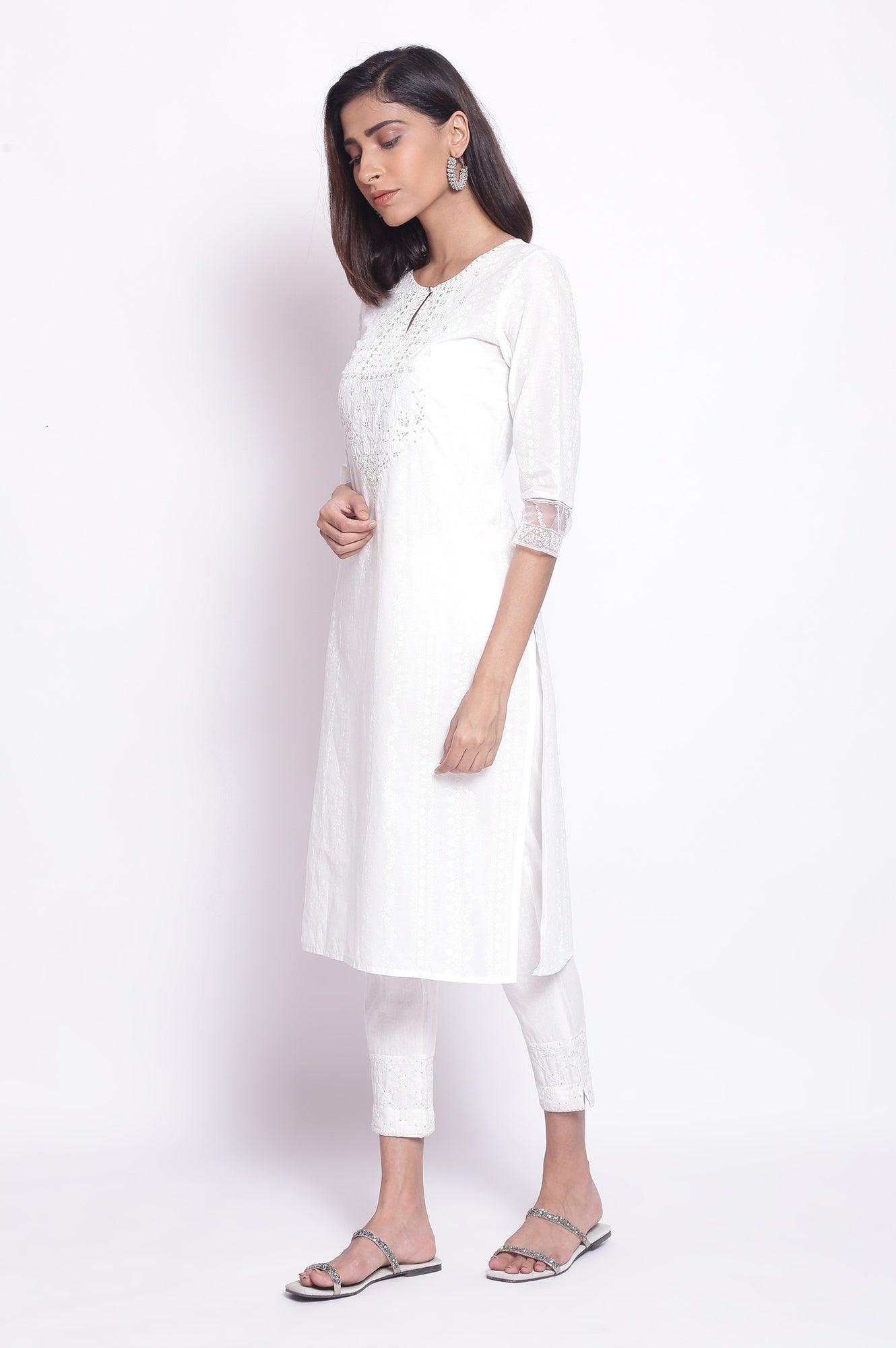 Ecru Embroidered Yoke kurta - wforwoman