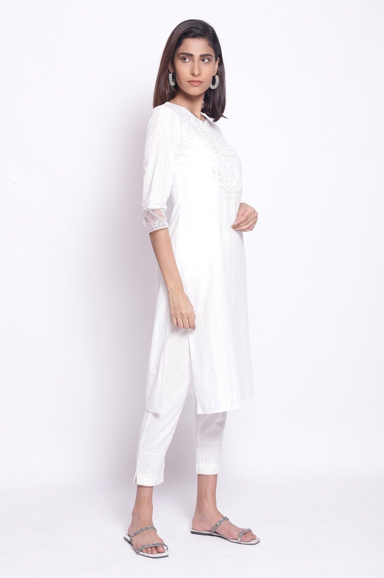 Ecru Embroidered Yoke kurta - wforwoman