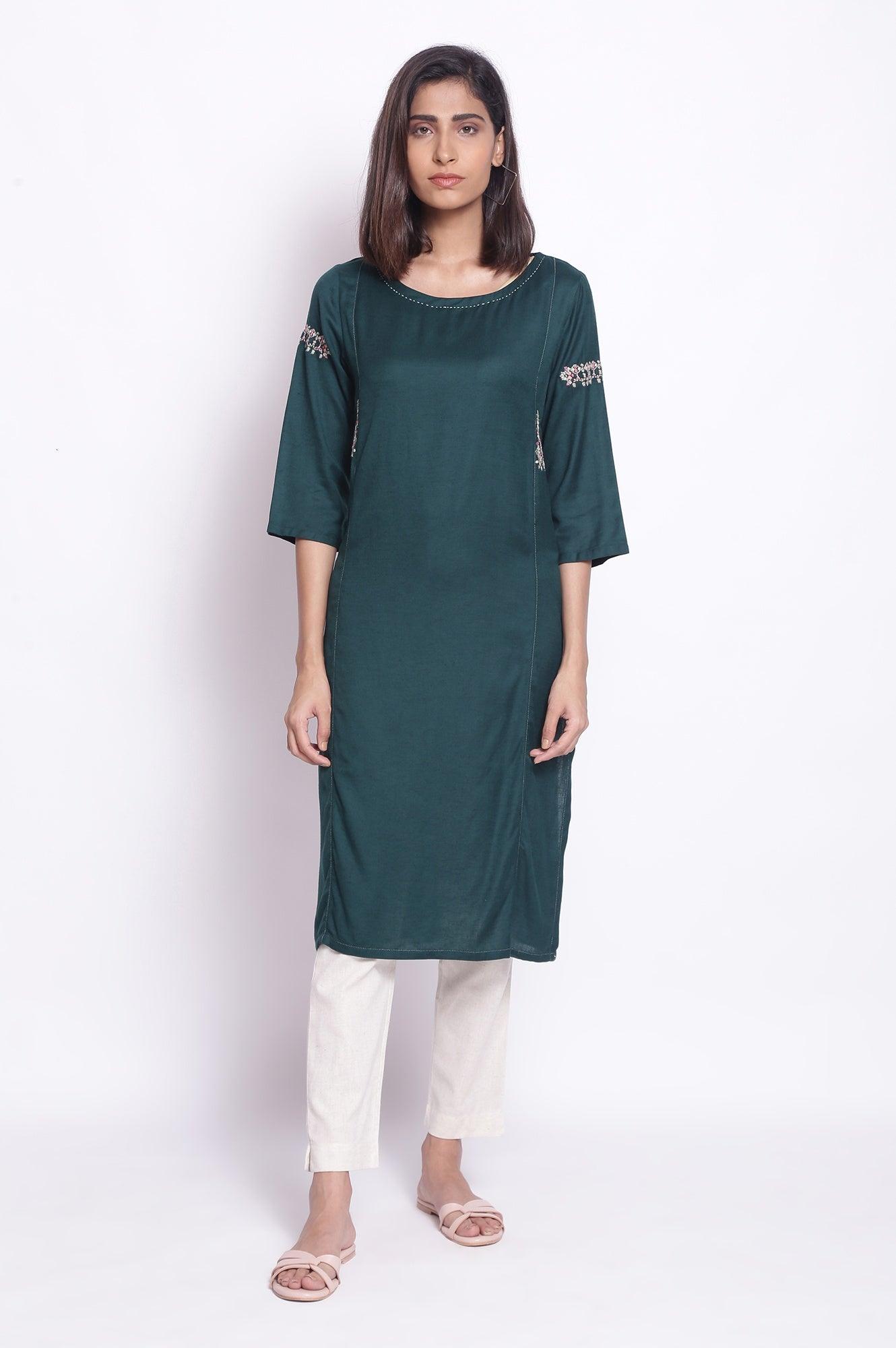 Dark Green Solid Straight kurta - wforwoman