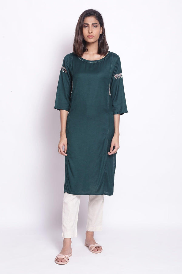 Dark Green Solid Cotton Straight Kurta