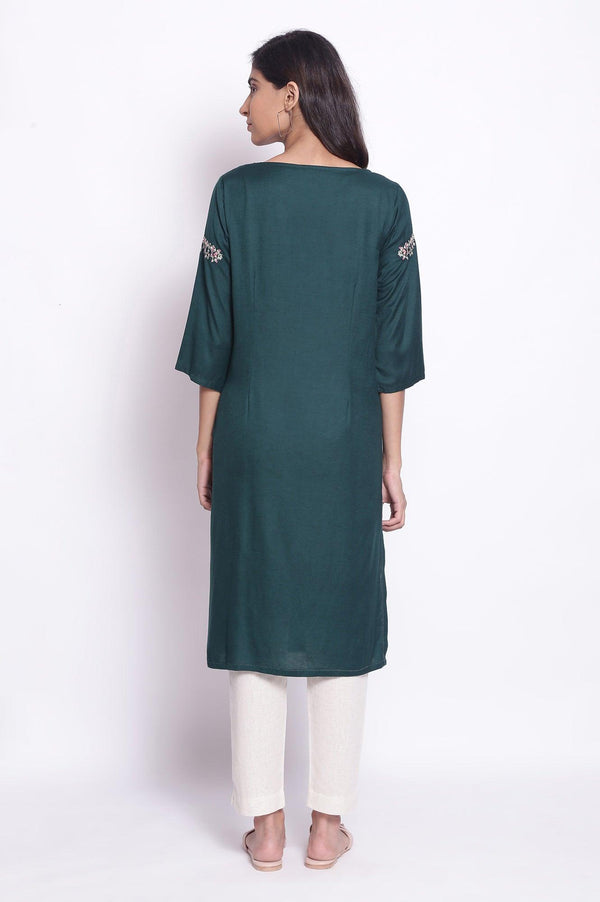 Dark Green Solid Cotton Straight Kurta