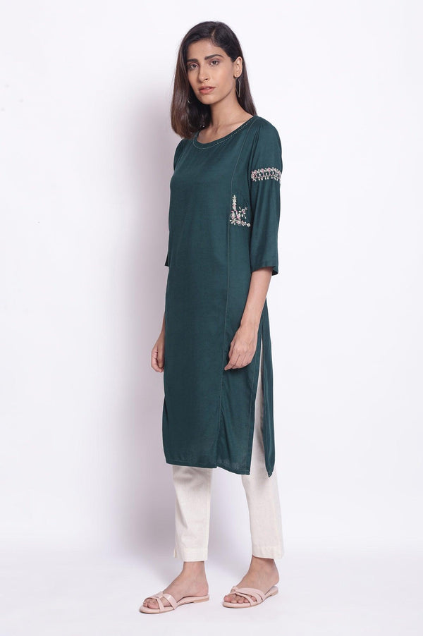 Dark Green Solid Cotton Straight Kurta