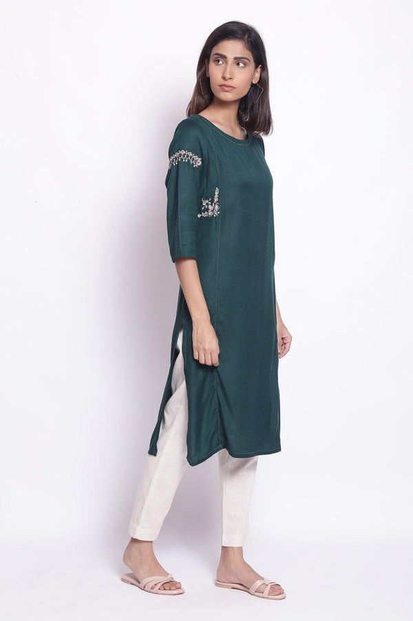 Dark Green Solid Cotton Straight Kurta