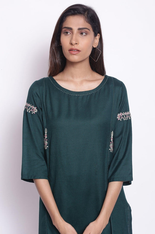Dark Green Solid Cotton Straight Kurta
