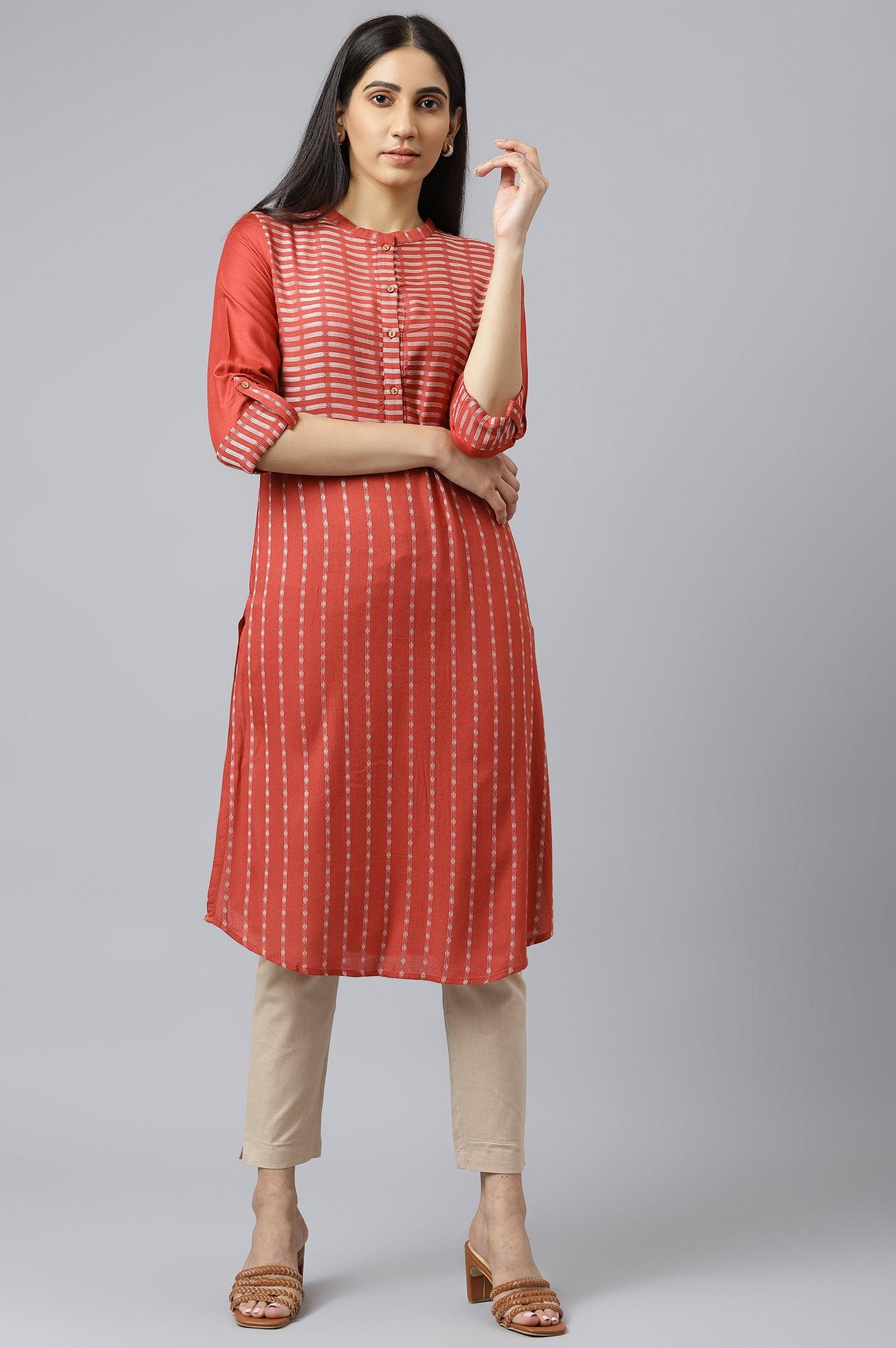 Bossa Nova Red Straight Dobby kurta - wforwoman