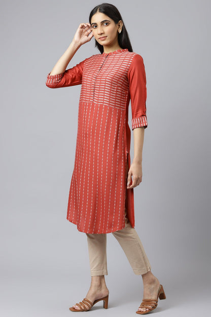 Bossa Nova Red Straight Dobby kurta - wforwoman