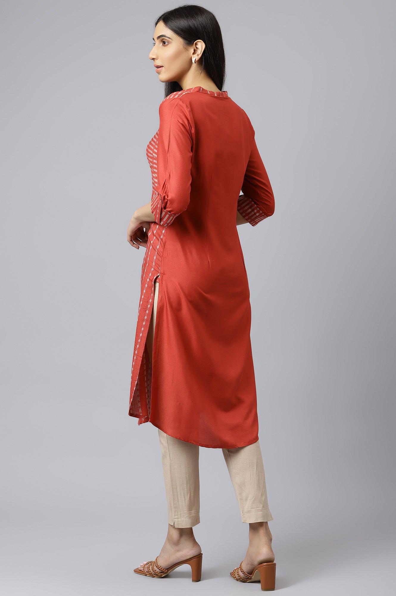 Bossa Nova Red Straight Dobby kurta - wforwoman