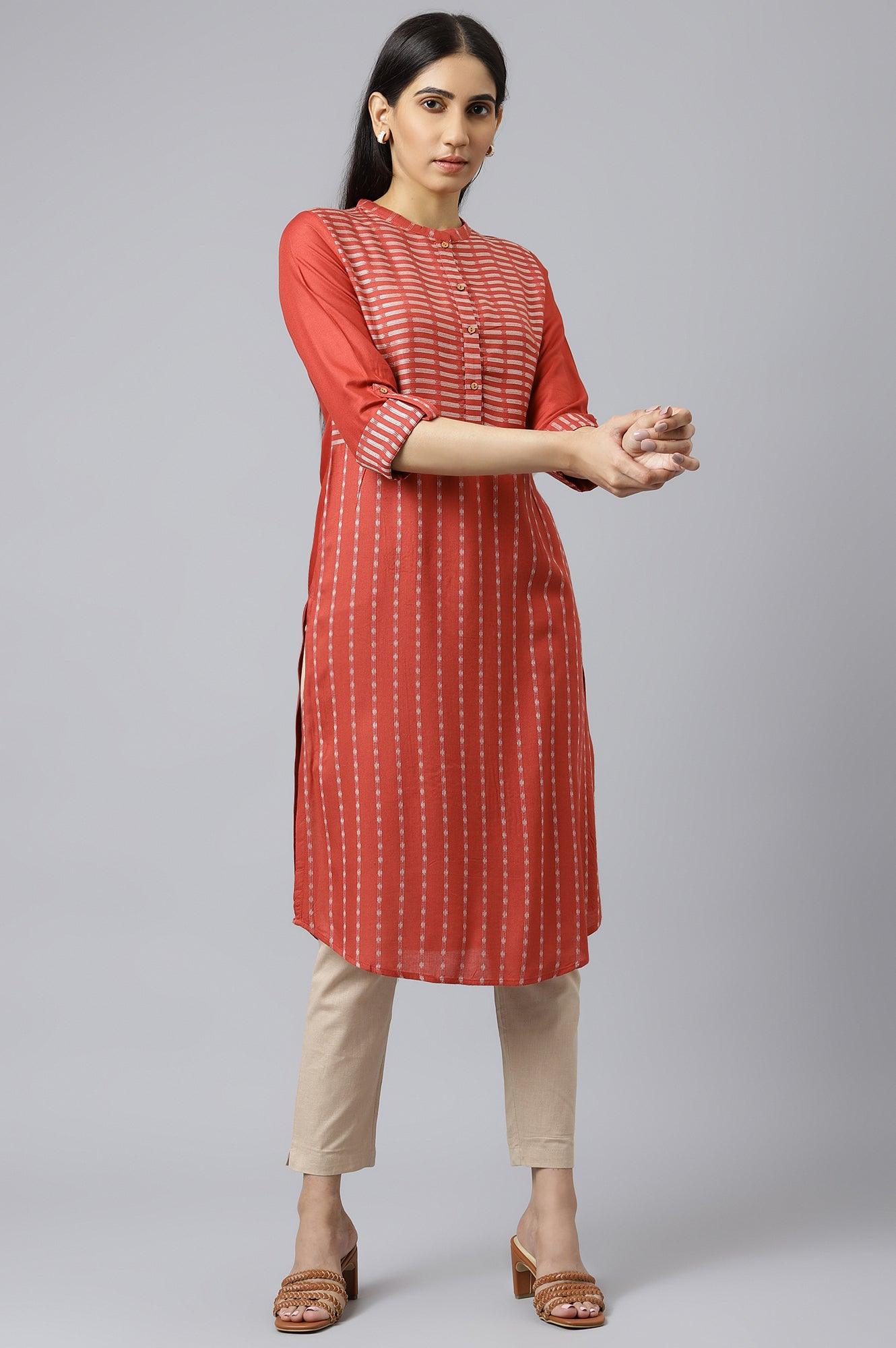 Bossa Nova Red Straight Dobby kurta - wforwoman