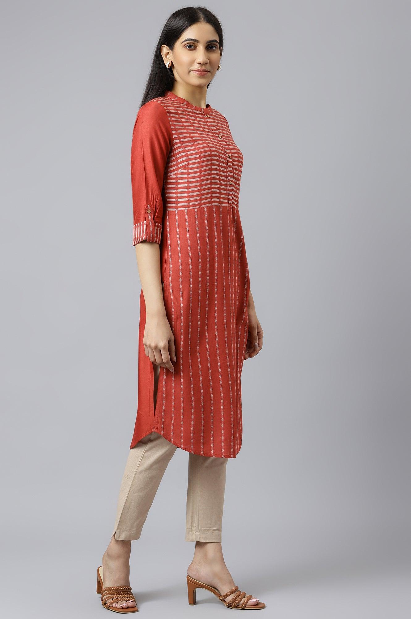 Bossa Nova Red Straight Dobby kurta - wforwoman