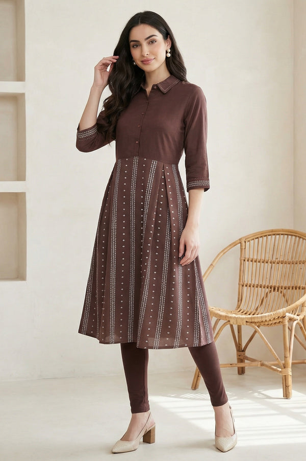 Brown Printed Shirt Collar Flared Kurta With Minimal Thread Work