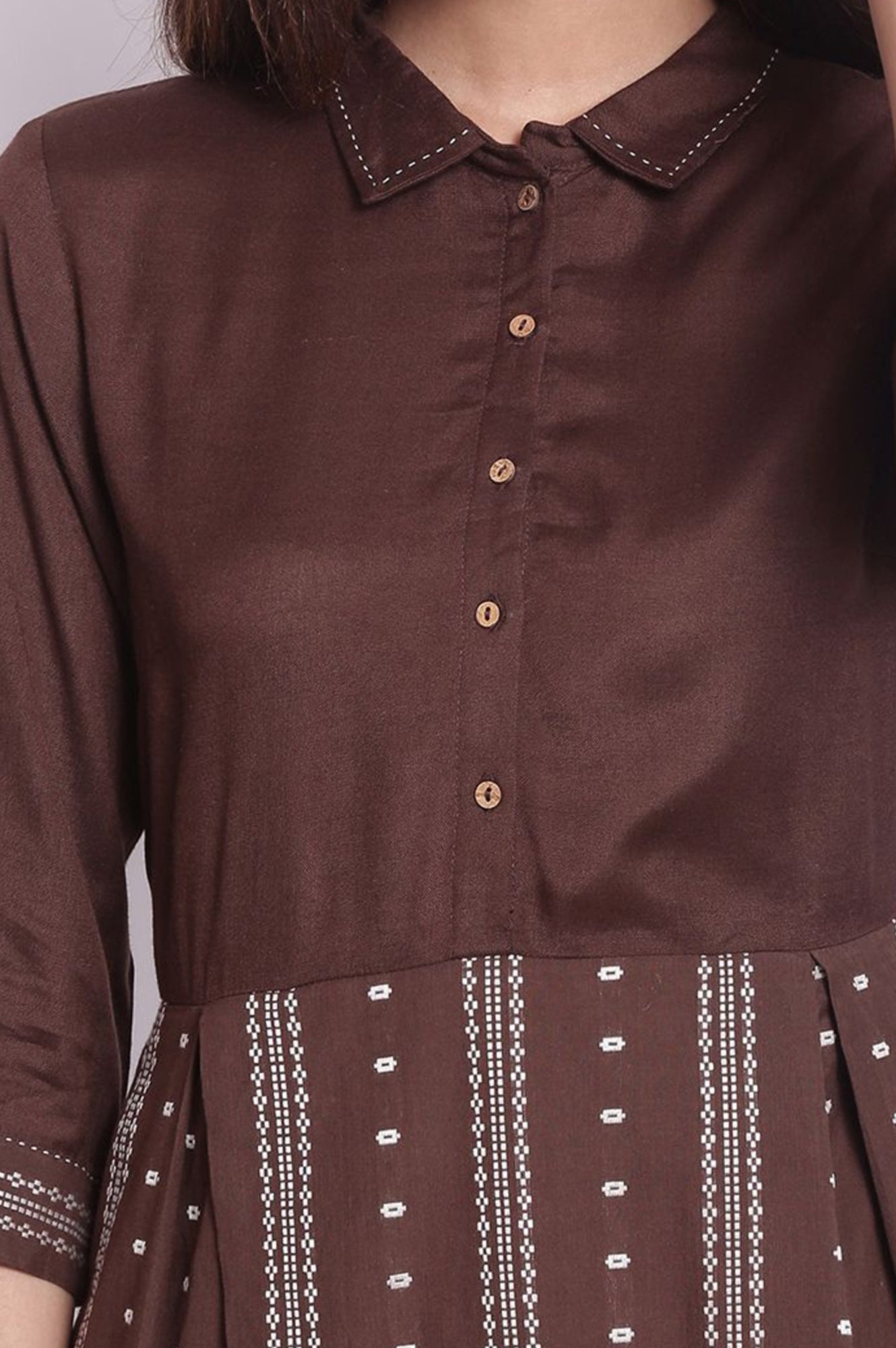 Brown Printed Shirt Collar Flared Kurta With Minimal Thread Work