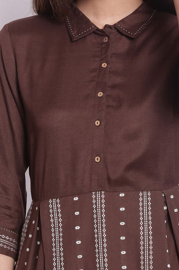 Brown Printed Shirt Collar Flared Kurta With Minimal Thread Work