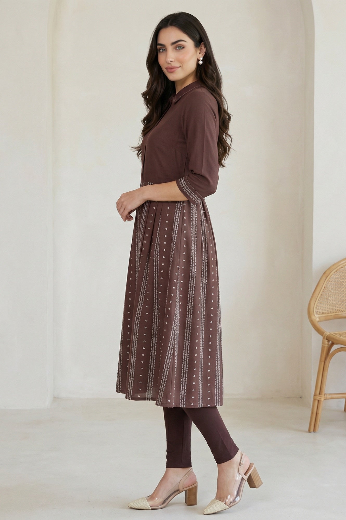 Brown Printed Shirt Collar Flared Kurta With Minimal Thread Work