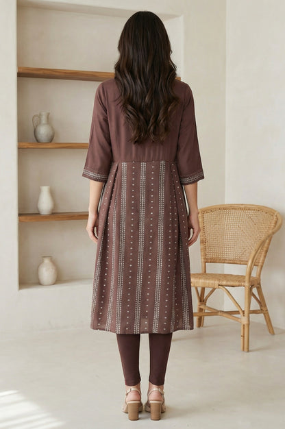 Brown Printed Shirt Collar Flared Kurta With Minimal Thread Work