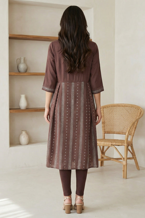 Brown Printed Shirt Collar Flared Kurta With Minimal Thread Work