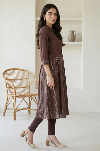 Brown Printed Shirt Collar Flared Kurta With Minimal Thread Work