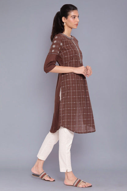 Dark Brown Checks kurta - wforwoman