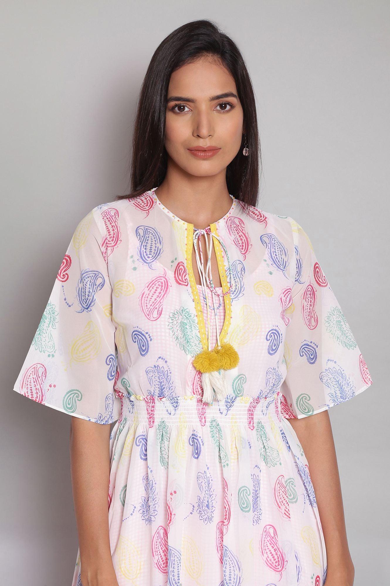 Ecru Layered Dress with Multicoloured Print - wforwoman