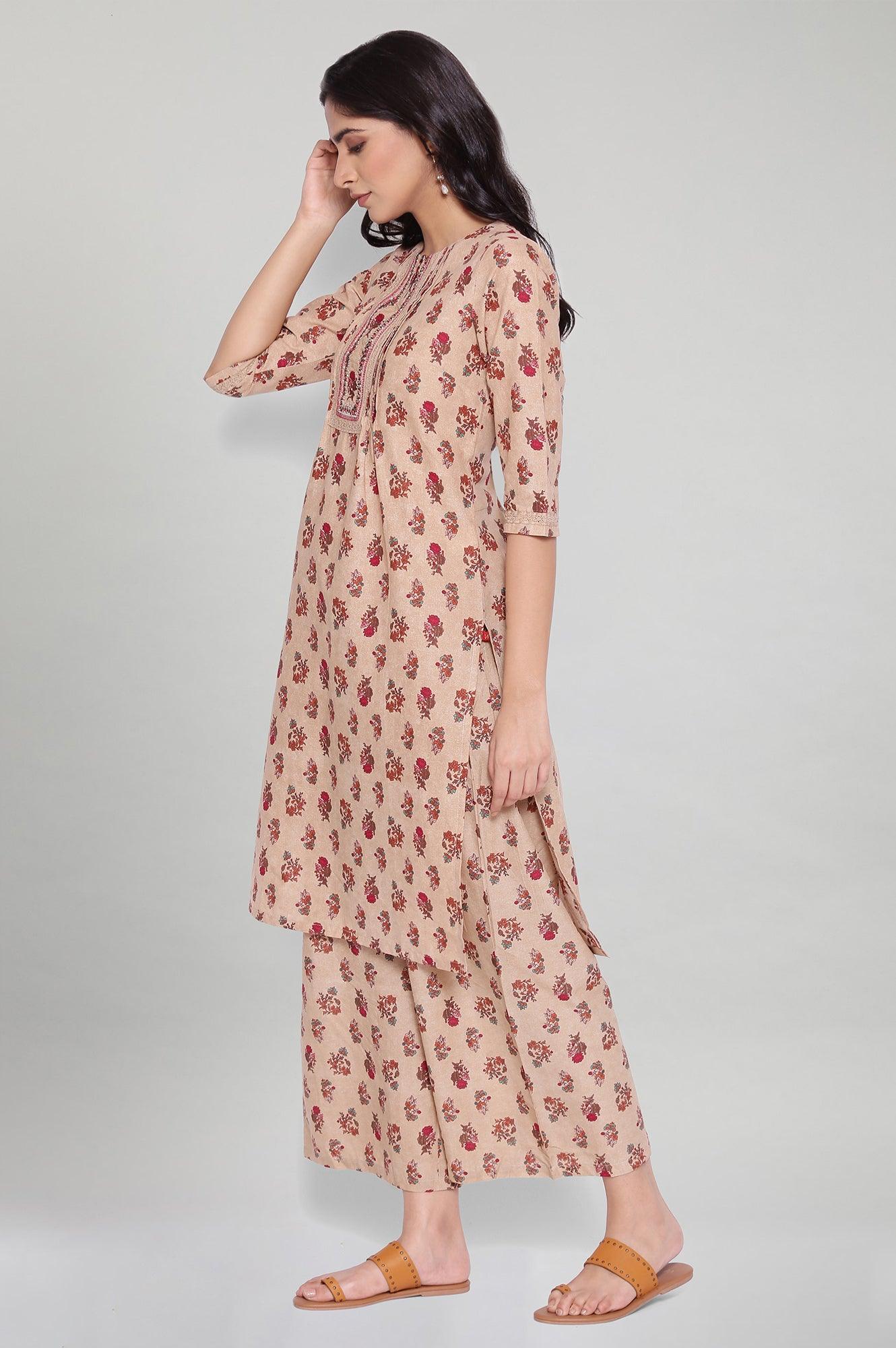 Beige All-Over Print kurta - wforwoman