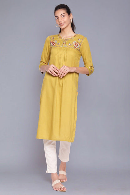 Celery Green Embroidered Yoke kurta - wforwoman