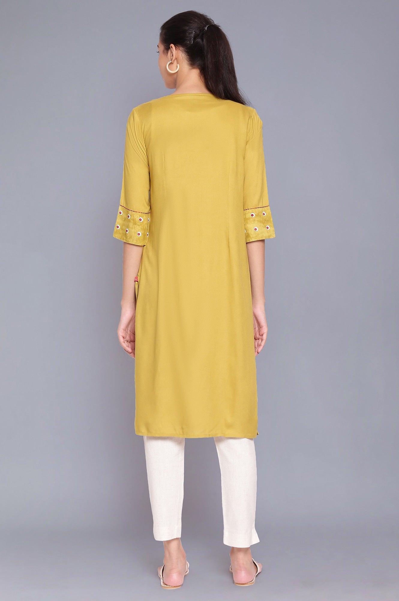 Celery Green Embroidered Yoke kurta - wforwoman