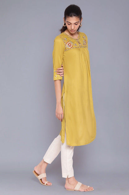 Celery Green Embroidered Yoke kurta - wforwoman