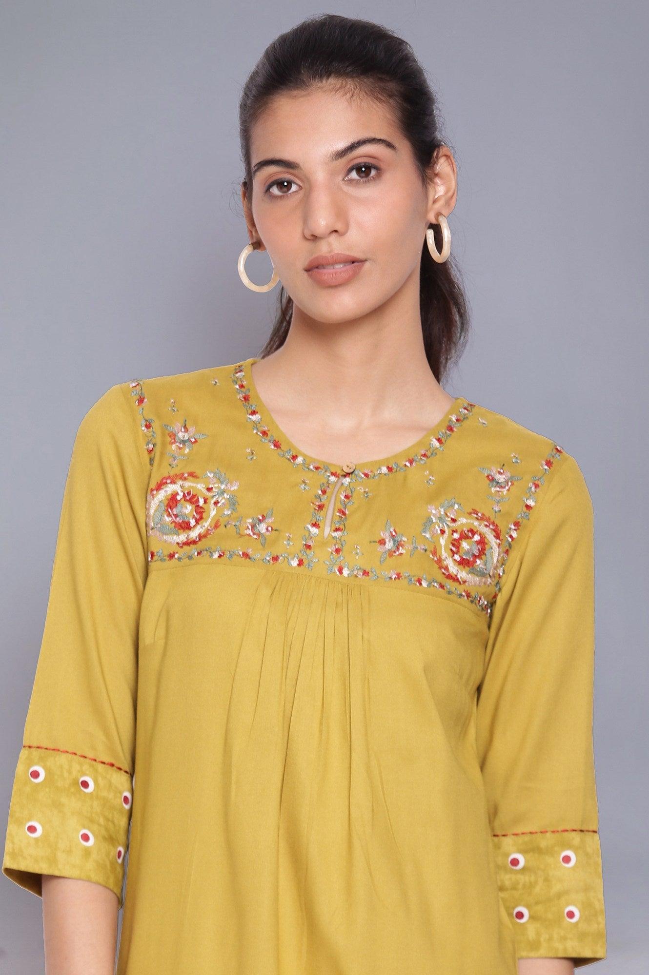 Celery Green Embroidered Yoke kurta - wforwoman