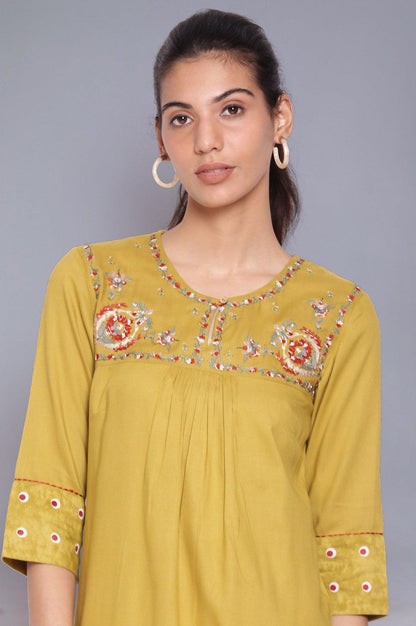 Celery Green Embroidered Yoke kurta - wforwoman