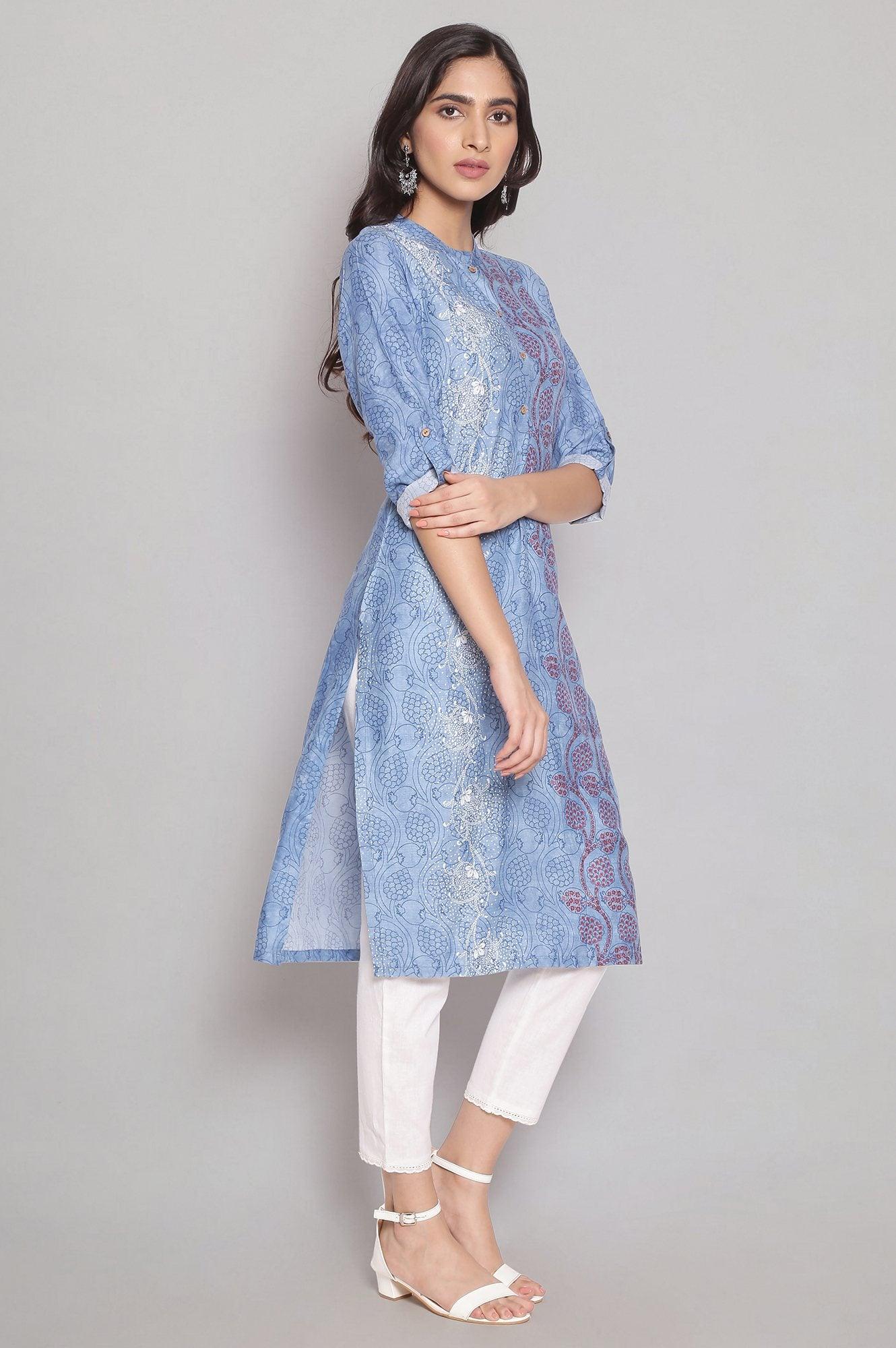 Cobalt Blue Placement kurta - wforwoman