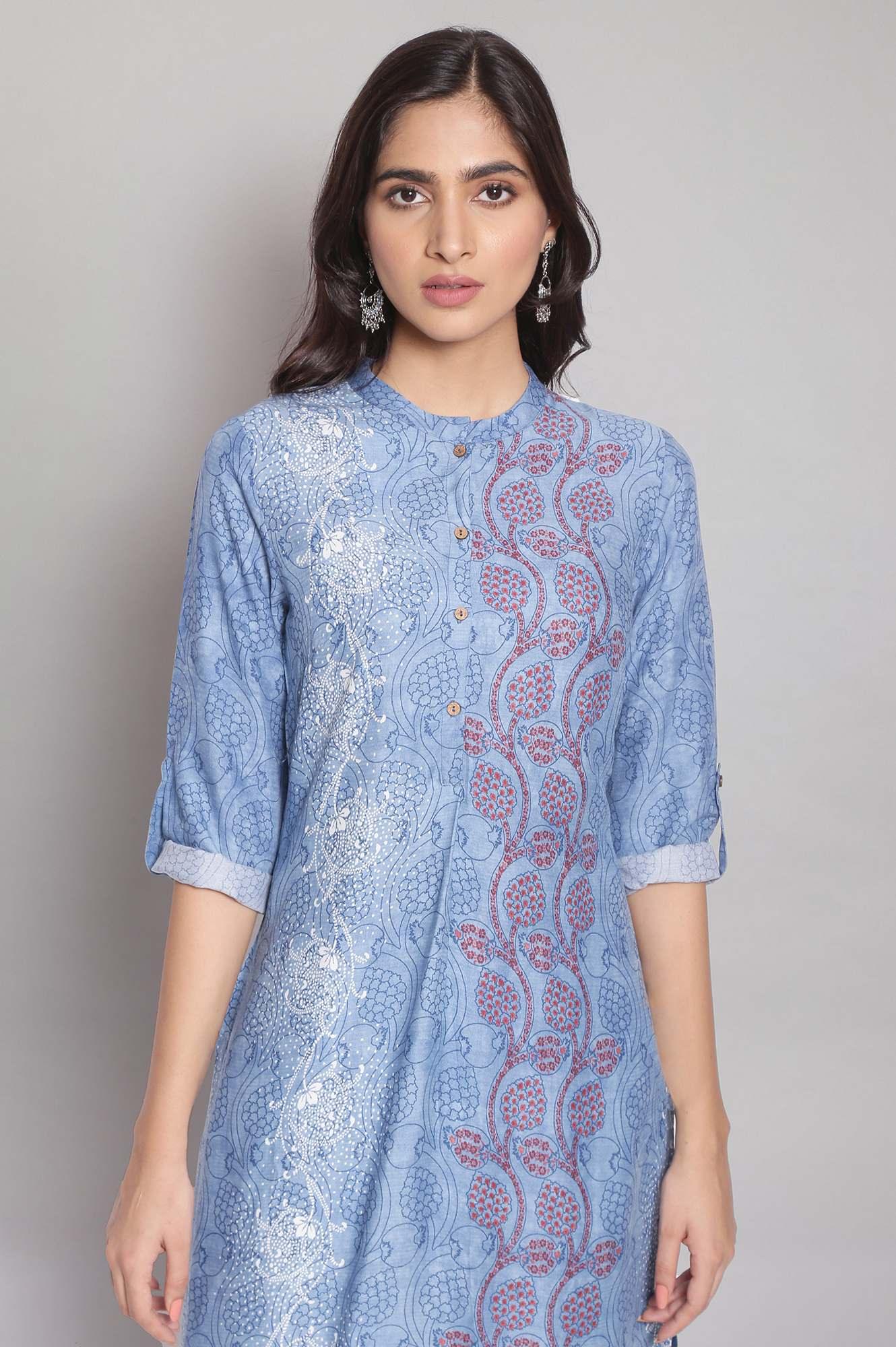 Cobalt Blue Placement kurta - wforwoman