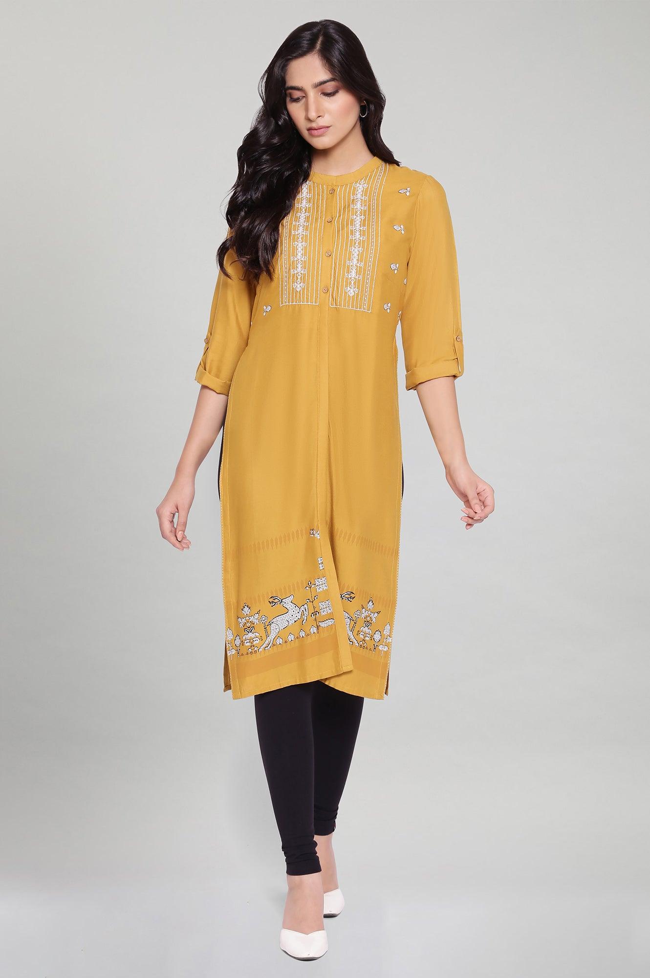 Mustard Yellow Staright Printed kurta - wforwoman