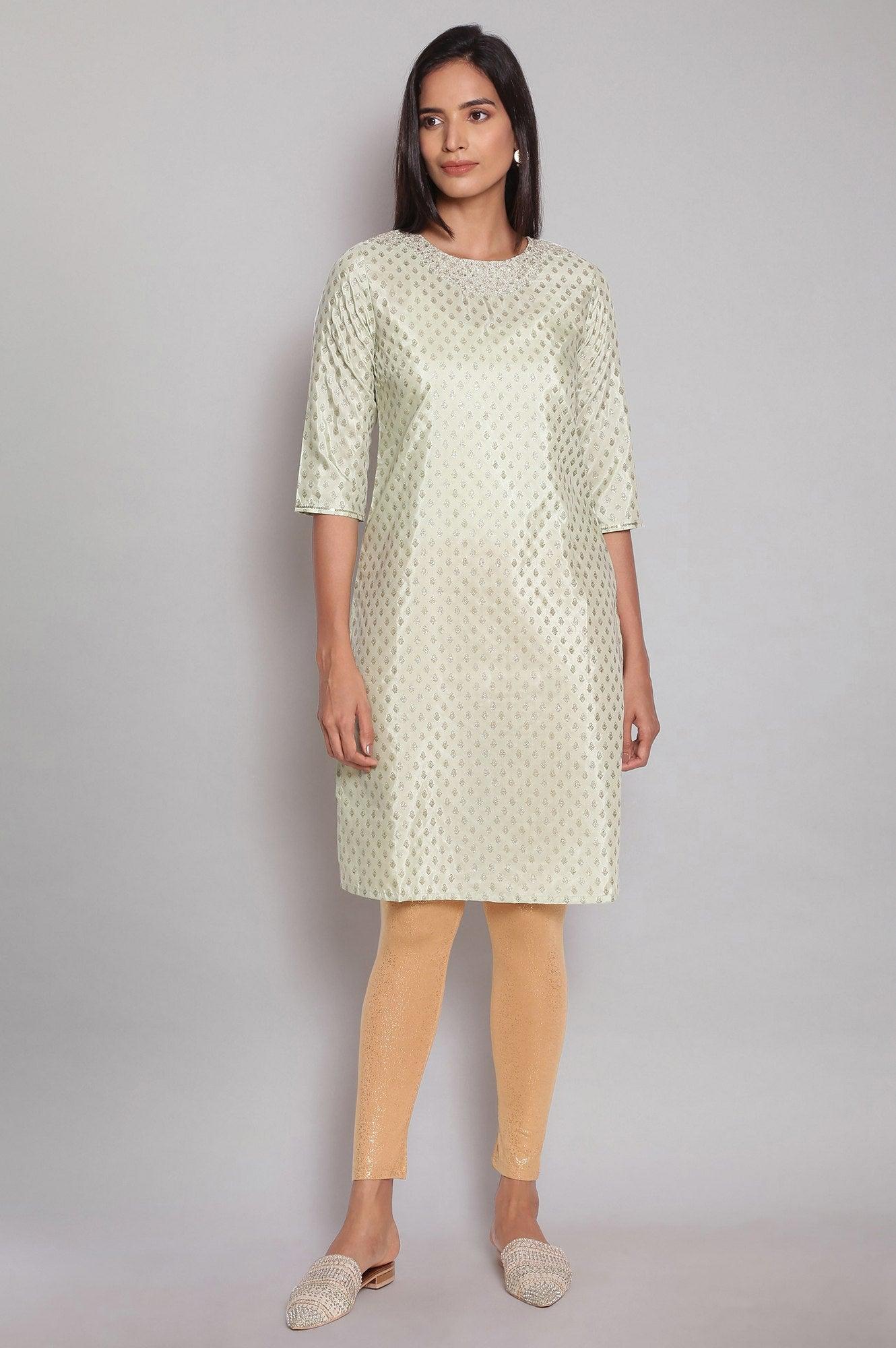 Ecru Festive Round Neck kurta With Dori Sequin - wforwoman