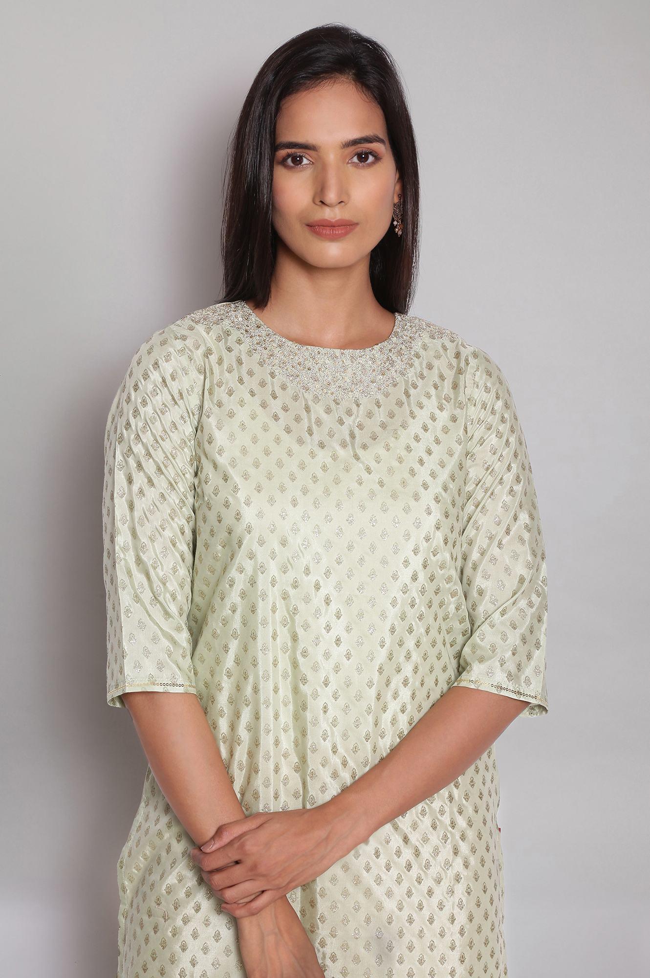Ecru Festive Round Neck kurta With Dori Sequin - wforwoman