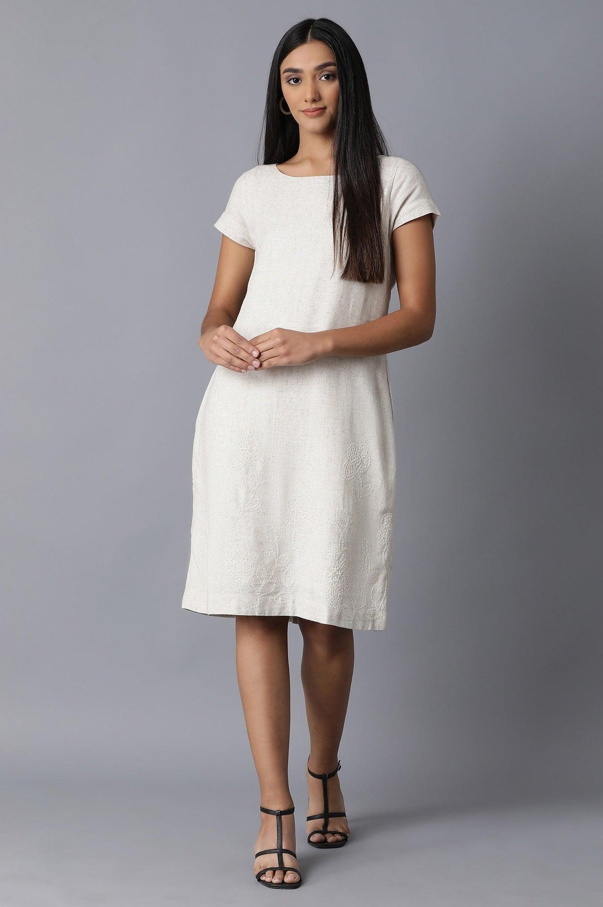Ecru Natural Flax Embroidered Border Dress - XS
