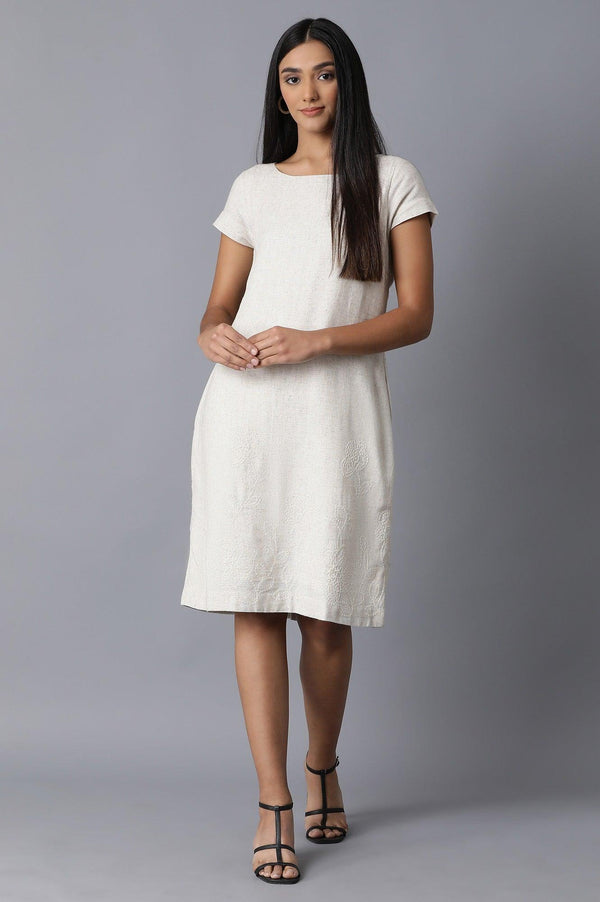 Ecru Natural Flax Embroidered Border Dress