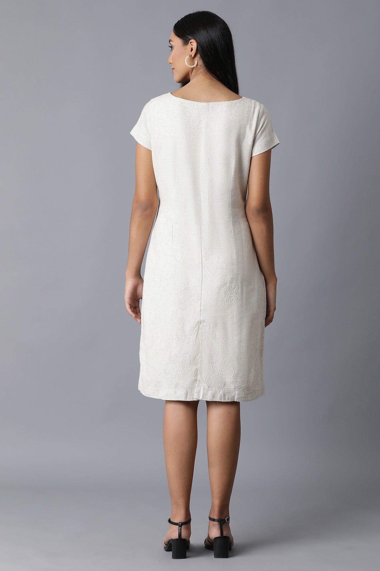 Ecru Natural Flax Embroidered Border Dress - wforwoman