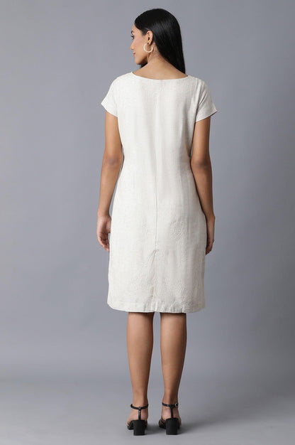 Ecru Natural Flax Embroidered Border Dress - wforwoman