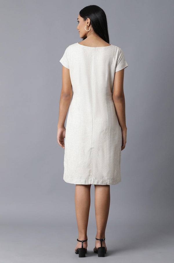 Ecru Natural Flax Embroidered Border Dress