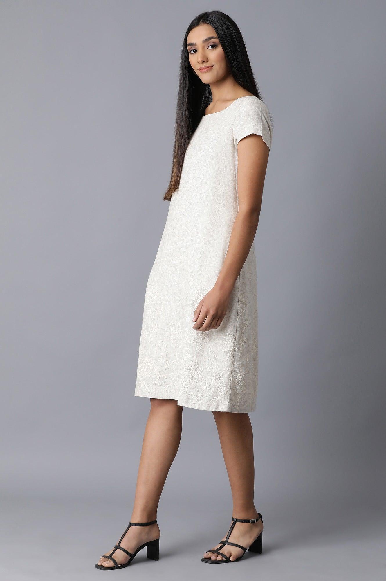 Ecru Natural Flax Embroidered Border Dress - wforwoman