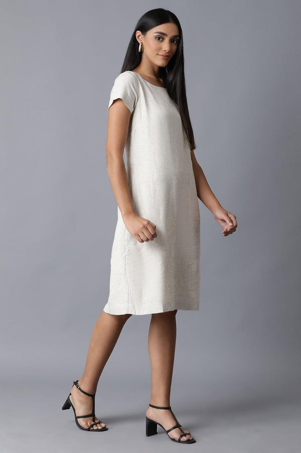 Ecru Natural Flax Embroidered Border Dress