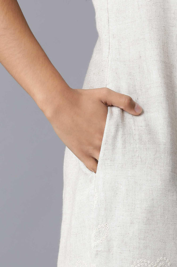 Ecru Natural Flax Embroidered Border Dress