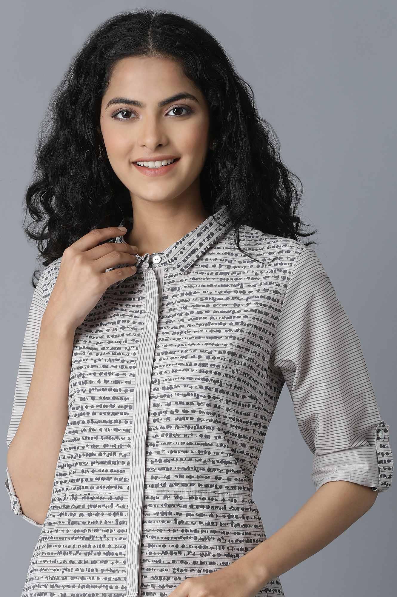 Grey Engineered Print Shirt Dress - wforwoman