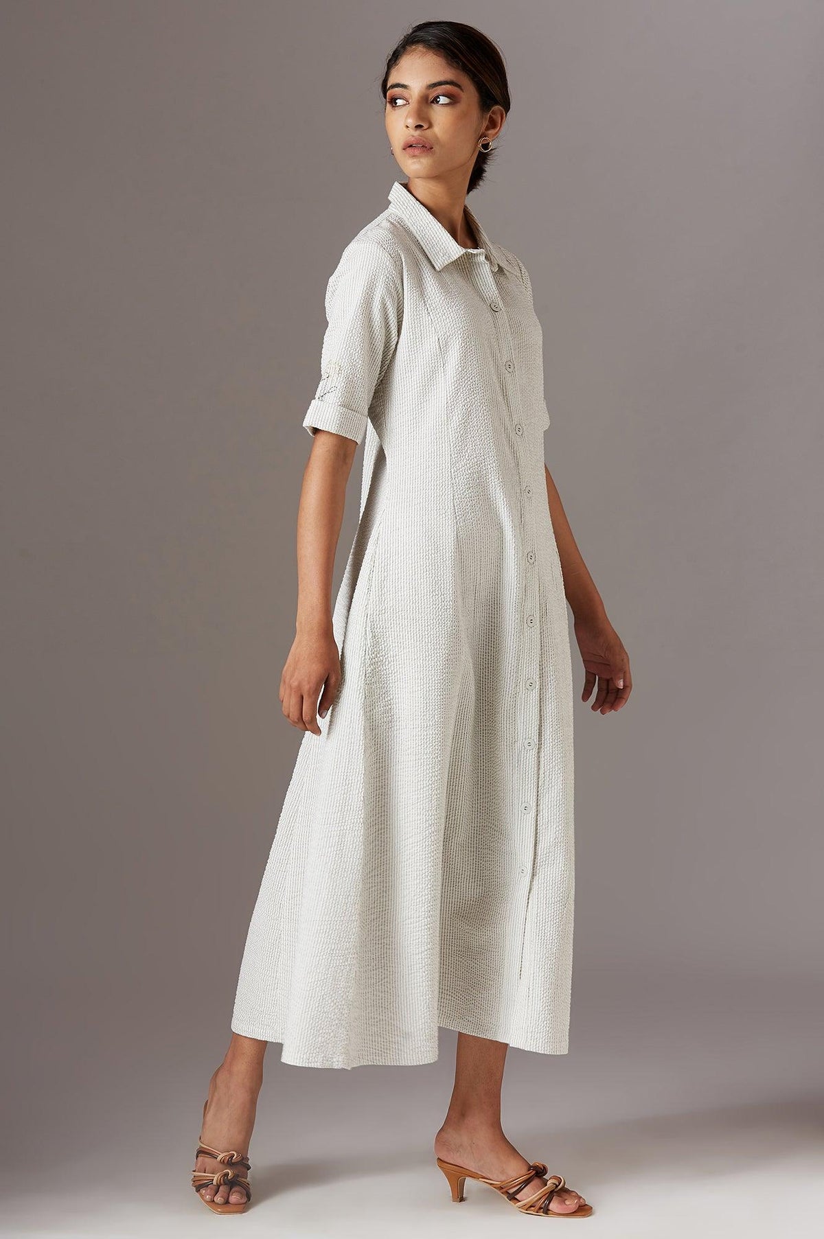 Ecru Pinstripe Shirt Dress - XS